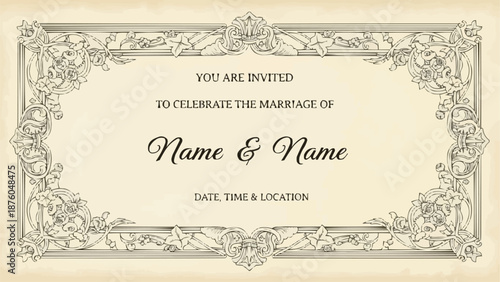 Elegant Wedding Invitation Card with Ornate Border Design.
