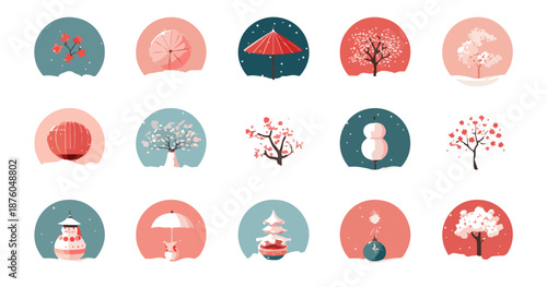 日本の季節を表現した丸いアイコンセット。桜、紅葉、雪景色、提灯、灯篭、和傘、梅、松、竹、富士山、雪だるま、だるま、招き猫、お正月飾り、和風のイラスト。