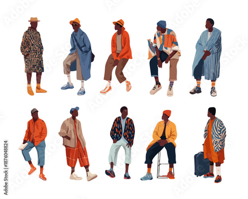 カラフルなストリートウェアを着た男性たちのベクターイラスト集。ファッション、スタイル、多様性を表現。