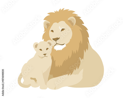 父ライオンと子ライオンの愛情深い触れ合い、白い背景に描かれたキュートなベクターイラスト