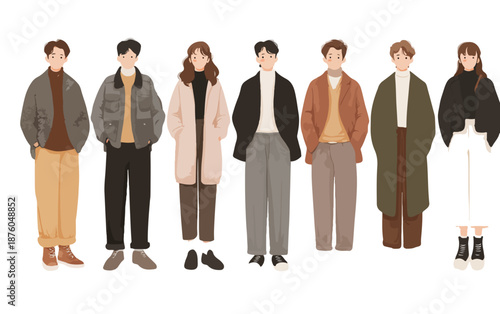 秋冬のファッションを楽しむ多様な人々、ベクターイラストレーション、シンプルでモダンなスタイル