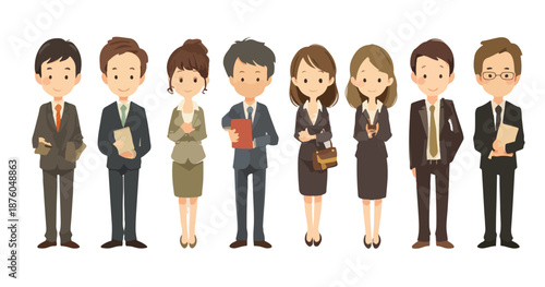 ビジネスシーンで活躍する多様な職業の男女7人のイラスト。スーツ姿で、それぞれ異なるポーズや小道具を持つ。