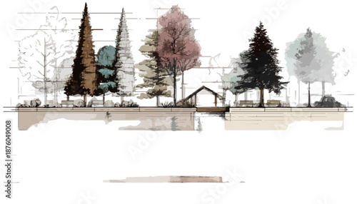 様々な種類の木々が並び、中央に小さな建物がある、手書き風のベクターイラストレーション。