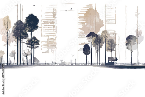 水彩風の木々と抽象的な背景が融合した、都会的な風景のベクターイラストレーション。