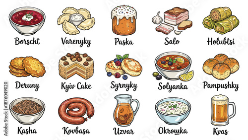 Assorted traditional dishes and beverages displayed on a clean white background