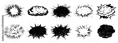 手描き風の爆発エフェクトと雲のイラストセット、漫画やコミックの表現に最適