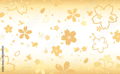 桜の手描き風の和風花びらの金色背景_背景透過_横