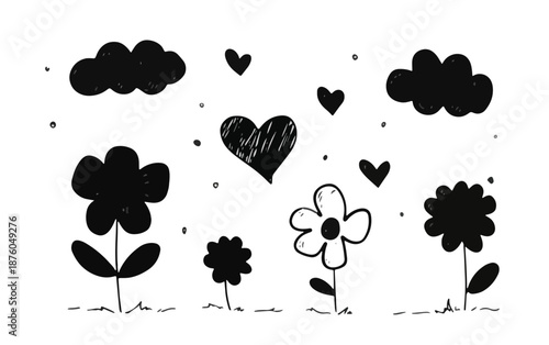 手描きの可愛い花、ハート、雲のベクターイラスト。シンプルでミニマルなデザイン。