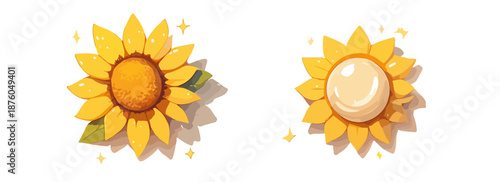 ひまわりと太陽のアイコン、イラスト、ベクター素材。明るく元気な夏のイメージ。