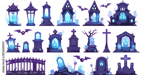 ハロウィンの墓地と墓石、ランタン、コウモリのベクターイラストセット、不気味な雰囲気