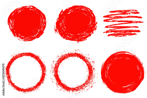 赤色の手書き風ブラシストロークと円形のベクターイラスト素材セット。デザイン要素として活用。