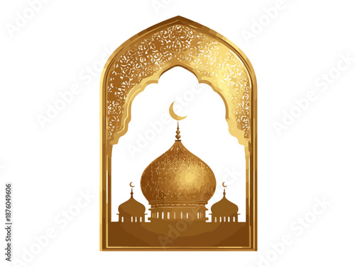 イスラム文化を象徴する金色のモスクと三日月、アラベスク模様のアーチのベクターイラスト