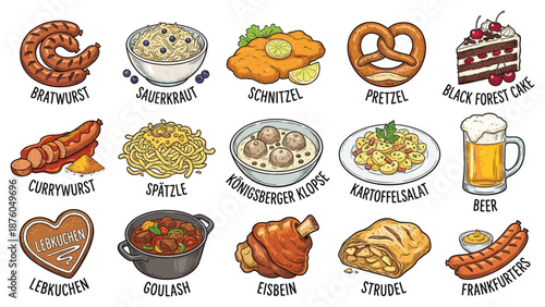 Assorted traditional German cuisine illustrations featuring sausages, pretzels, and beer in a cultural setting