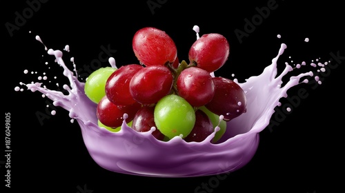fresh grape juice splash explosion, dynamic purple liquid burst with floating whole green and red grapes in midair, isolated on clean dark gradient background, cinematic high-speed photography style,