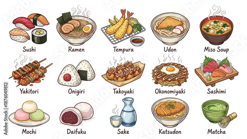 Assorted Japanese Cuisine Dishes and Beverages Illustration