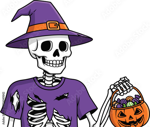 Spooky Halloween skeleton character wearing a purple witch hat and tattered shirt holding a pumpkin bucket filled with candy for trick or treating.