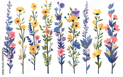 色とりどりの野の花が描かれた、可愛らしいフラットデザインのベクターイラストレーション。春や夏の季節感を表現。