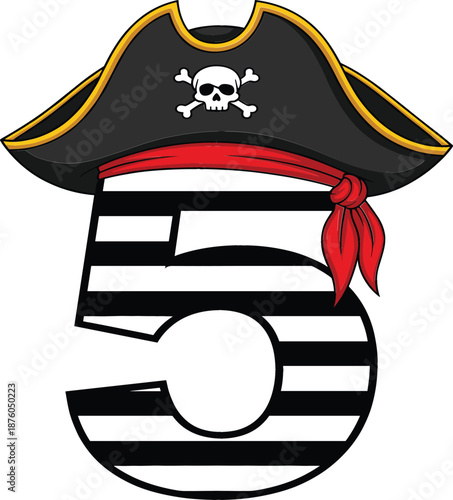 Nautical number five birthday character wearing black and white stripes with pirate hat and red bandana for children fifth anniversary party decoration.