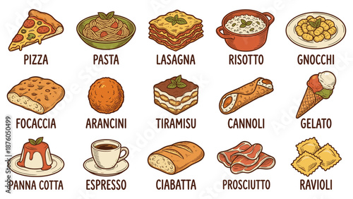 Assorted Italian Dishes and Desserts on a White Background
