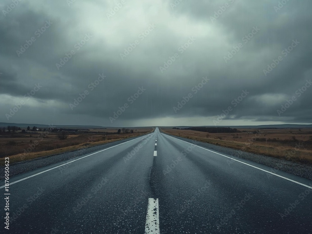 Fototapeta premium A long, straight road stretches into the distance under a dark, cloudy sky, passing through a vast, open landscape.