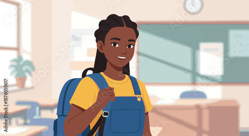 Happy young Black girl with braided hair and a backpack in a classroom, ready for a new school day