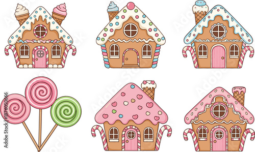 Collection of cute gingerbread house vector icons decorated with candy canes frosting and colorful sweets with a set of swirl lollipops.