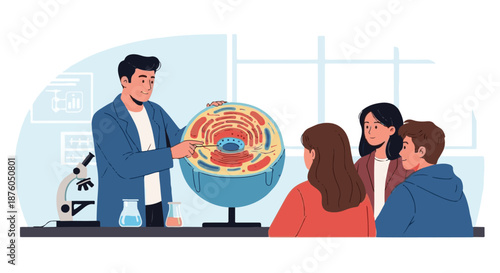 Science teacher explains cell biology to students, promoting scientific inquiry and understanding in a modern classroom environment