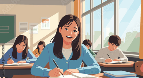 Smiling female student happily focused on her studies, diligently writing in a notebook within a bright and sunlit classroom, showcasing a positive learning experience