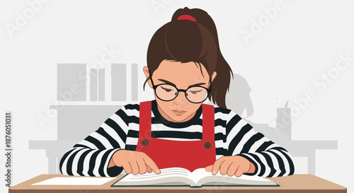 Young girl with glasses engrossed in a book, studying at a desk with books in the background, representing learning and education