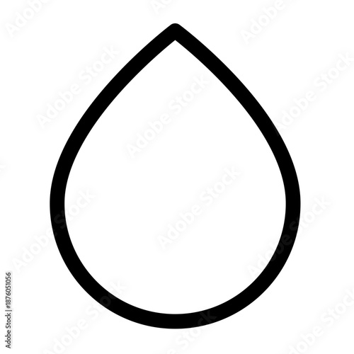 A single water droplet is depicted in a minimalist black outline on a white background from a direct viewpoint.