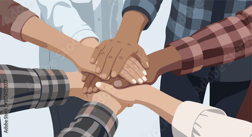 A diverse group of people coming together in a show of unity and teamwork, with their hands clasped in the center