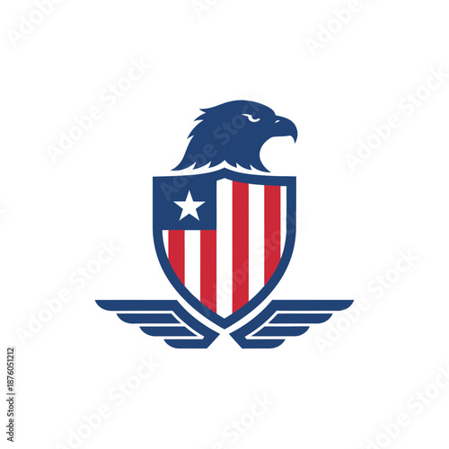 Bold emblem combining eagle and shield with patriotic colors and winged motif