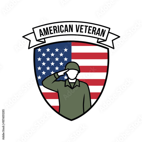 Patriotic emblem honoring American veterans with a salute and national flag