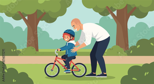 Father teaching his young son how to ride a bicycle in a park on a sunny day, emphasizing parental guidance and childhood fun