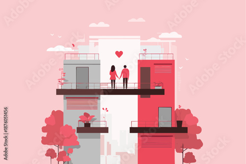 Valentines Day Romantic Couple on Balcony Illustration Showing Love Story with Music and Emotional Connection in Cute Cartoon Vector Style