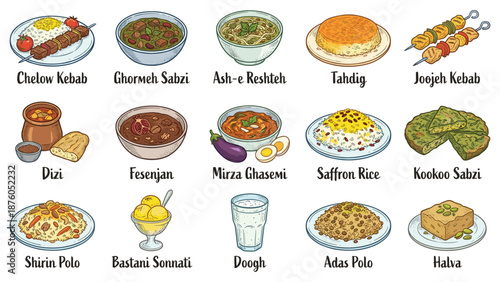 A colorful illustration of various traditional dishes, kebabs, and rice, arranged neatly on a table, showcasing cultural cuisine from a top-down perspective.