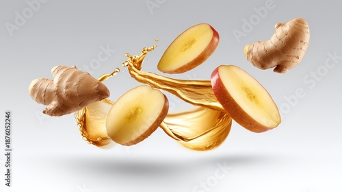 fresh apple and ginger juice splash explosion, dynamic clear golden liquid burst with floating thin apple slices and chunks of ginger root in midair, isolated on clean white gradient background,