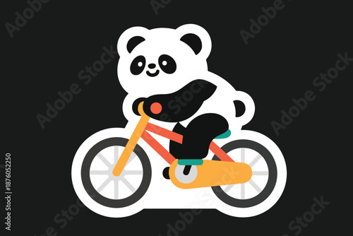 Cartoon panda riding orange bicycle with yellow pedals and blue chain guard on black background.