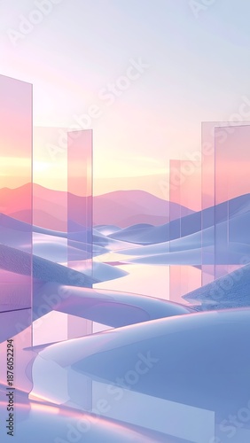 Pastel dreamscape with geometric pillars and undulating landscape