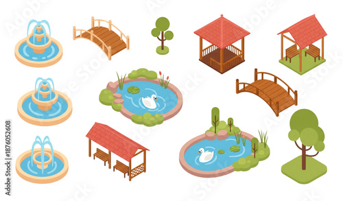 Cute isometric city park elements with ponds fountains and gazebo pavilions flat vector set isolated on transparent background