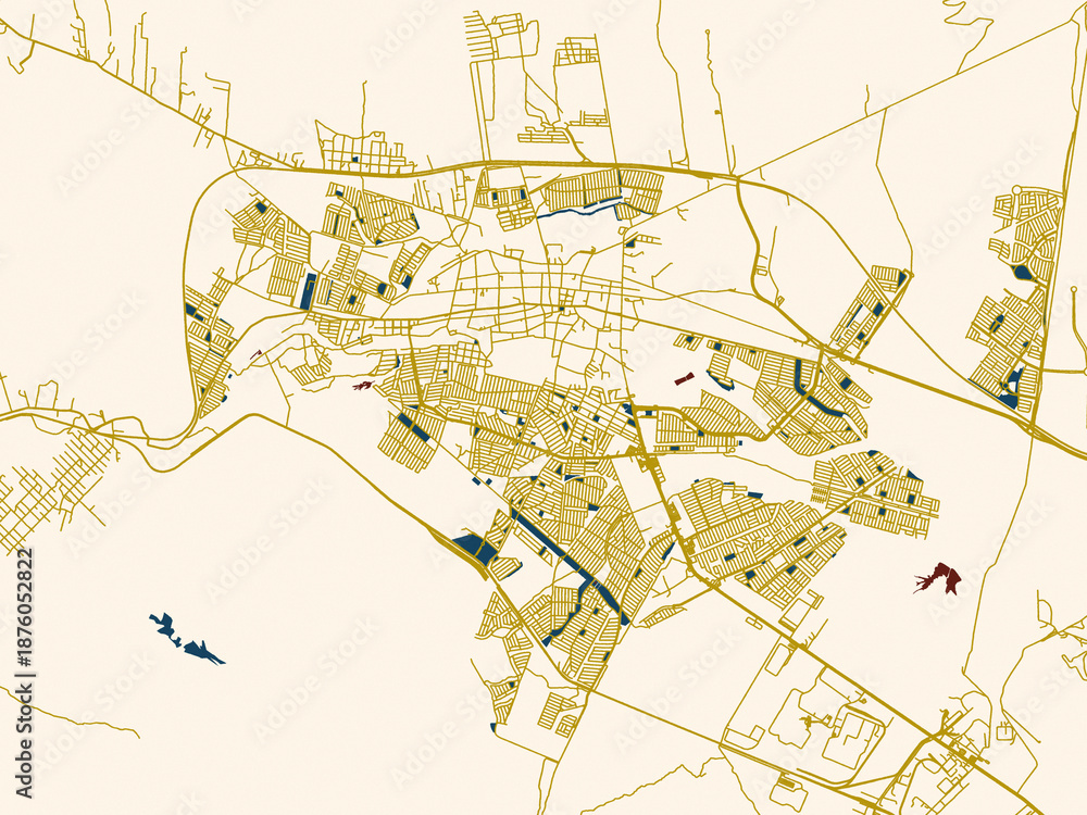 Fototapeta premium Minimalist map of Garcia, Mexico, gold street network with deep red water