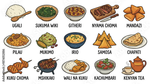 Assorted traditional Kenyan dishes beautifully presented on a vibrant table setting