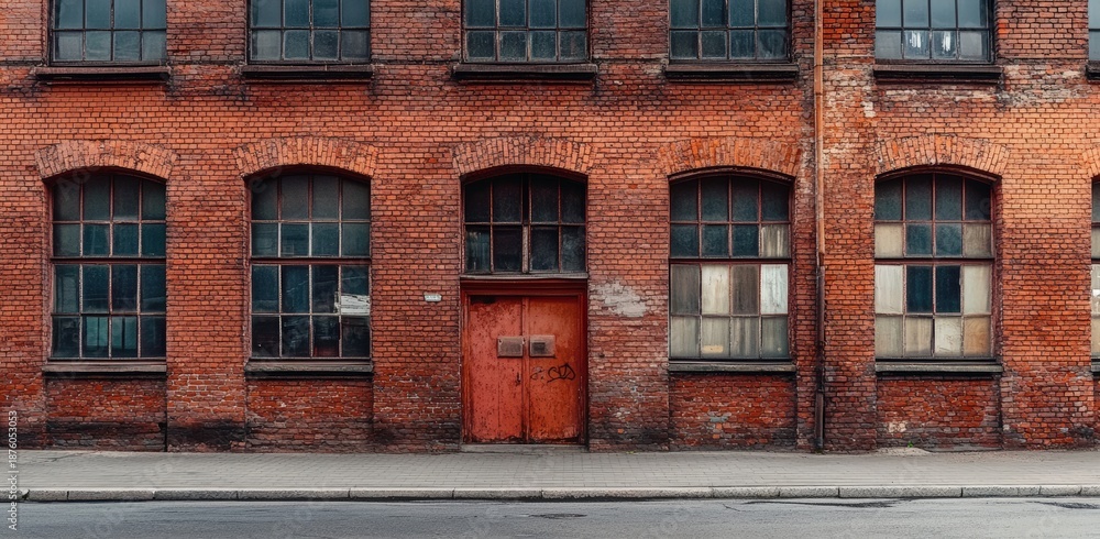 Naklejka premium A weathered brick building with large windows and a distinct red door, showcasing industrial architecture and urban decay.