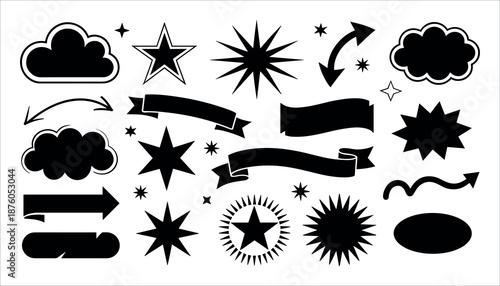 Black and white of various including stars, clouds, arrows, and ribbons on white background.