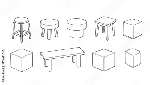 Collection of minimalist furniture icons, including stools, benches, and cube seats