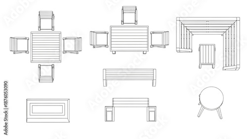 Top-down view of outdoor furniture set including chairs, tables, and benches