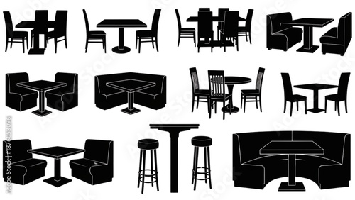 Restaurant and cafe furniture silhouettes tables, chairs, booths, and bar stools for various dining layouts