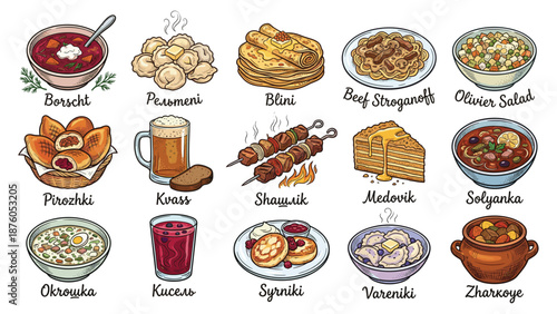 Assorted traditional dishes and drinks neatly arranged in a grid for culinary illustration