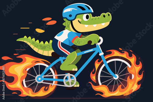 Cartoon alligator riding bicycle with flaming wheels in blue racing outfit and helmet on dark background.