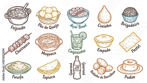 Assorted traditional Latin American dishes and desserts illustrations on a clean white background, showcasing a variety of culinary delights